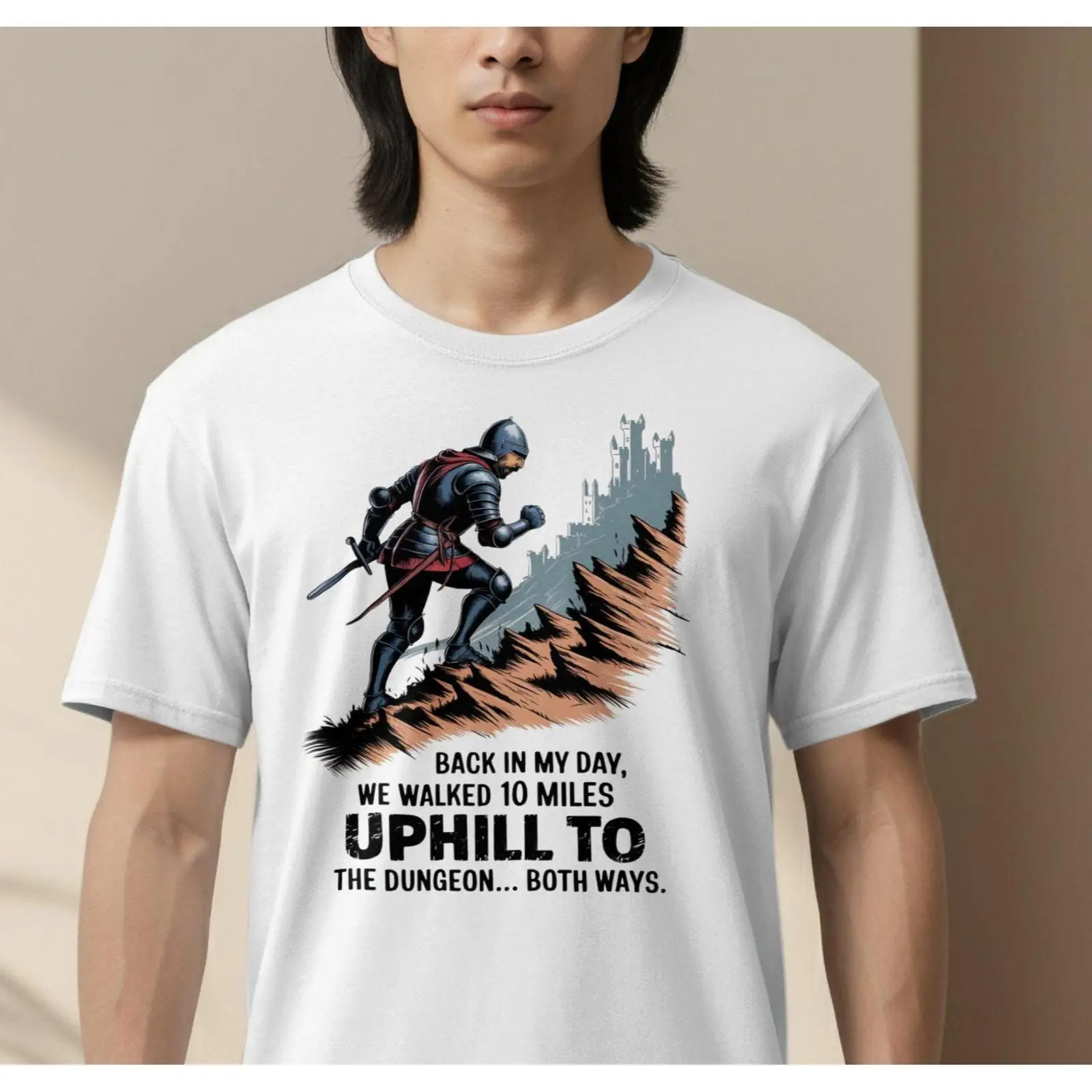 Grappige ridder T-shirt Uphill - Retro Gaming Ideas recensie en prijs